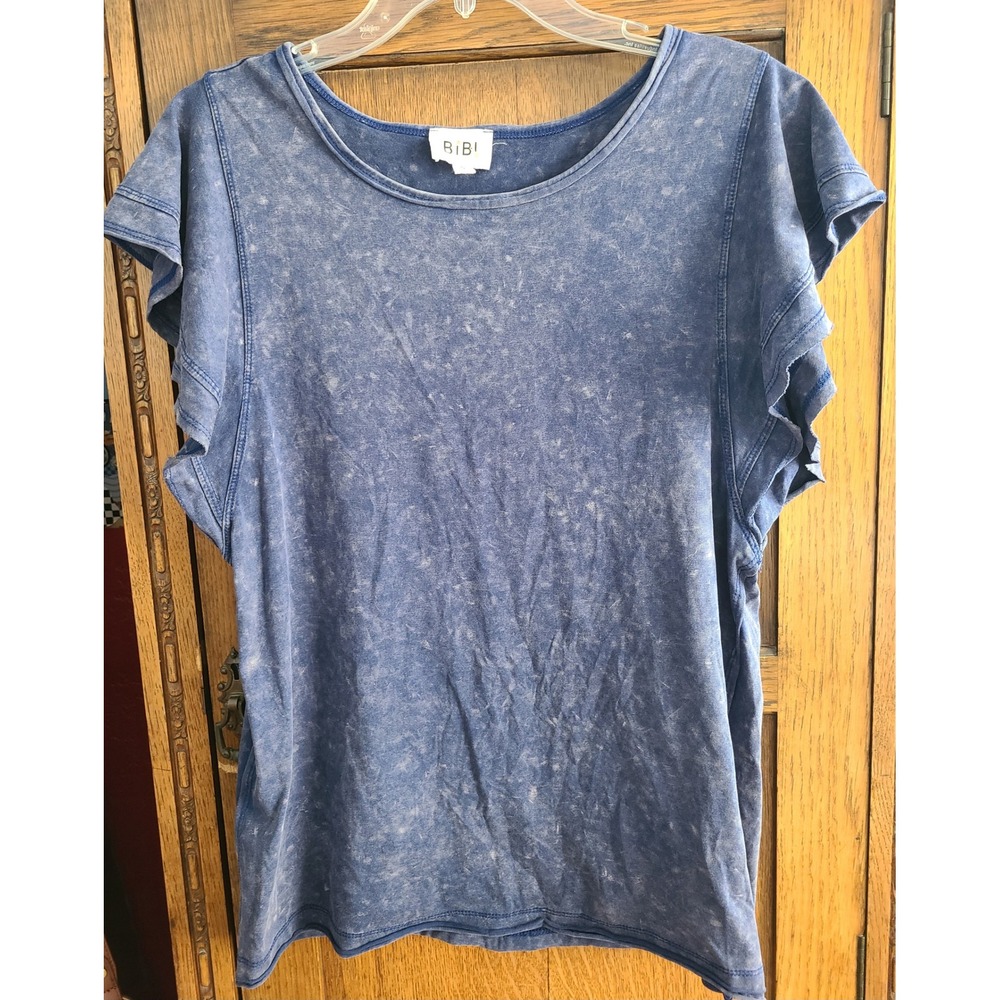 BIBI Blue Acid Wash Ruffle Flutter Sleeve T-Shirt IP4203 Women Small